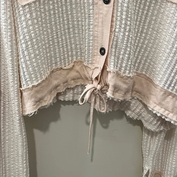 POL: Lightweight Waffle Knit Hooded Button Cardigan in Cream & Blush - Picture 5 of 9